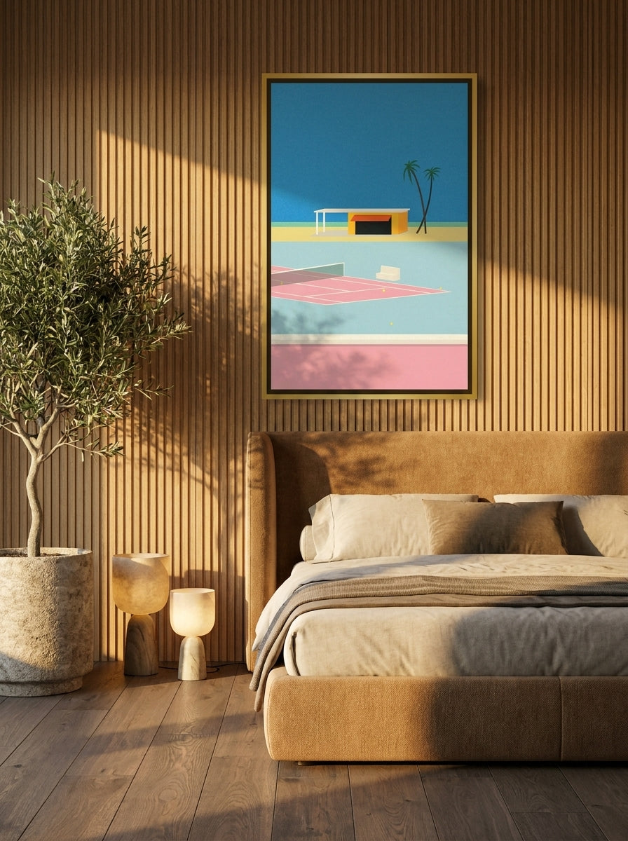 Canvas wall art with a gold leaf surround styled on the wall in a luxe bedroom