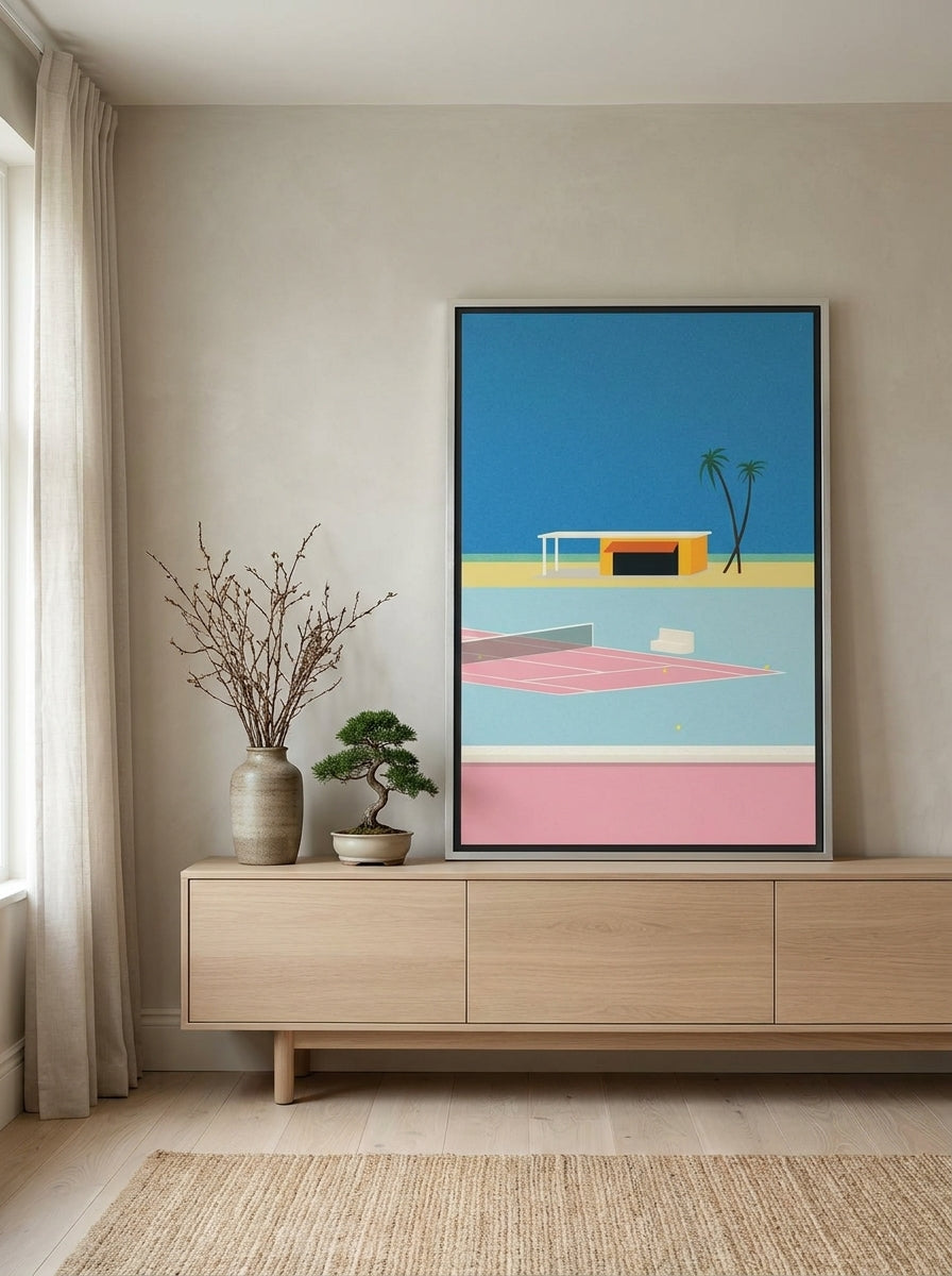 Canvas wall art with a silver leaf surround standing on a sideboard in a warm Japandi dining room