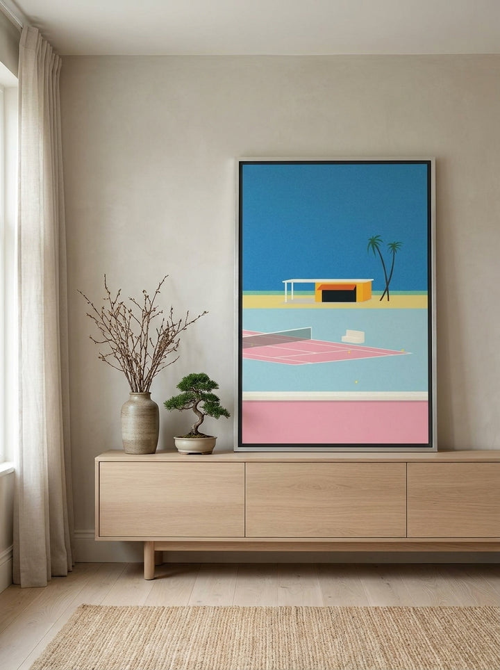 Canvas wall art with a silver leaf surround standing on a sideboard in a warm Japandi dining room