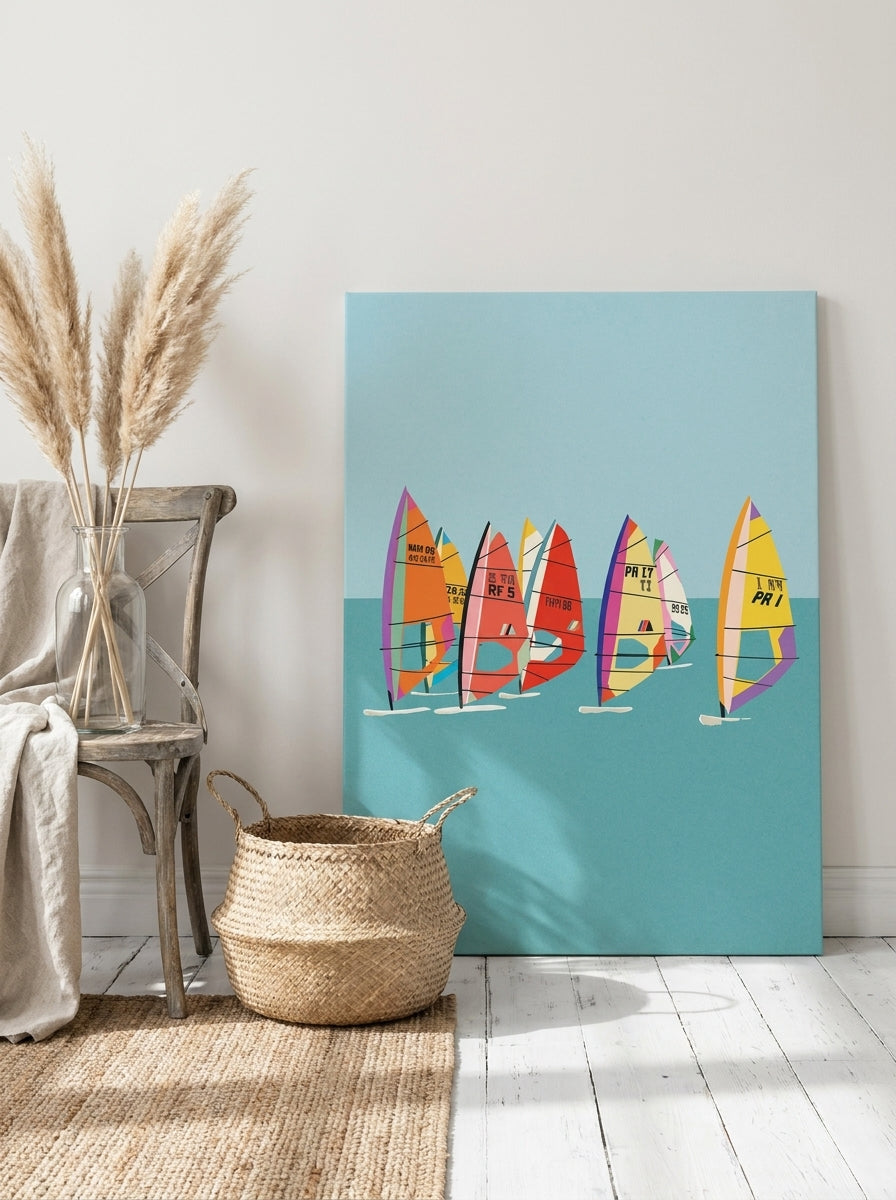 Stretched canvas wall art leaning against the wall in a coastal dining room