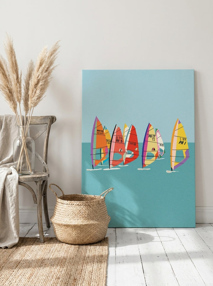 Stretched canvas wall art leaning against the wall in a coastal dining room