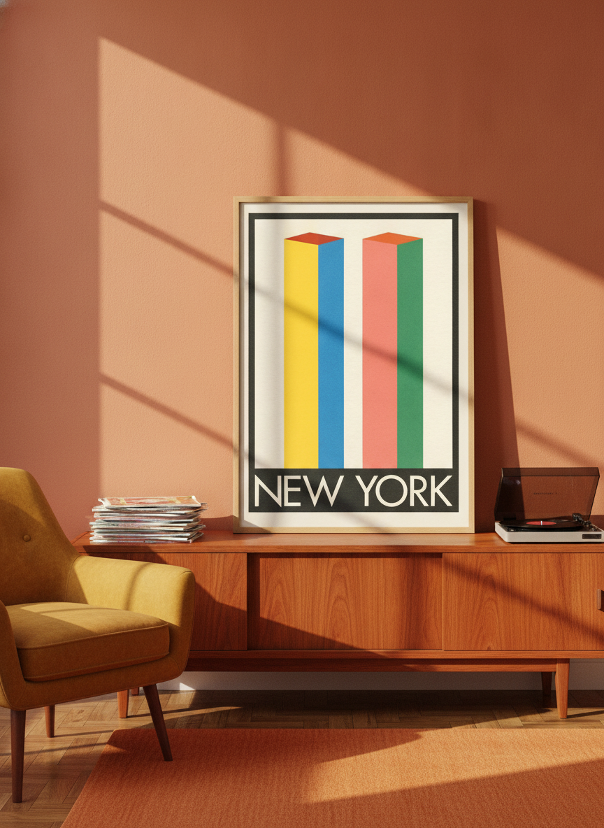 Modern wall art print standing on a sideboard in a retro 70s living room