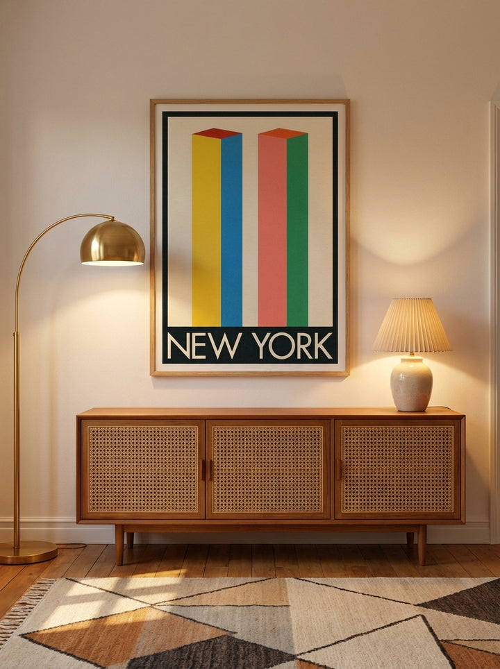 Modern wall art print styled on the wall in a mid-century living room