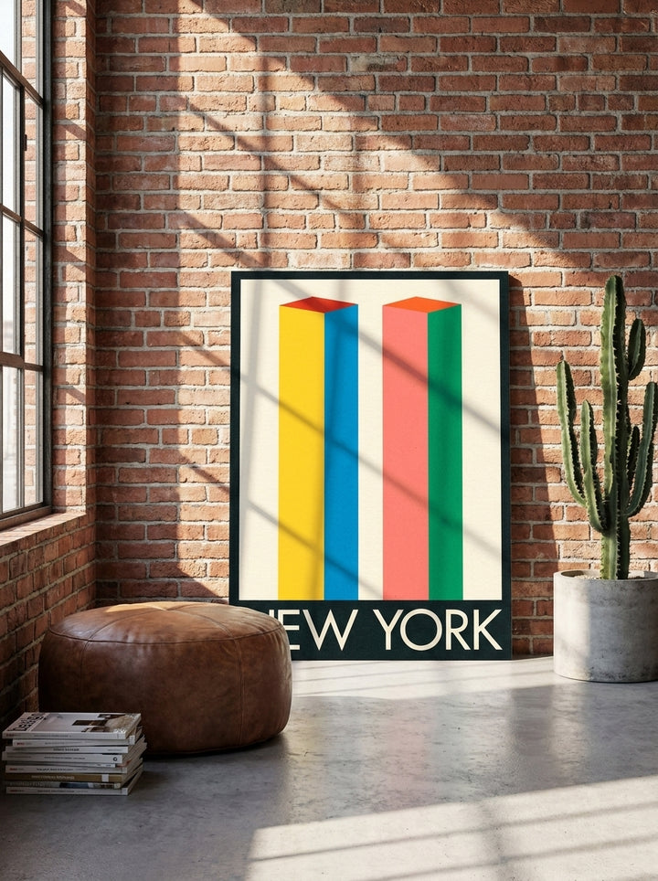 Stretched canvas wall art leaning against the wall in an industrial loft living room