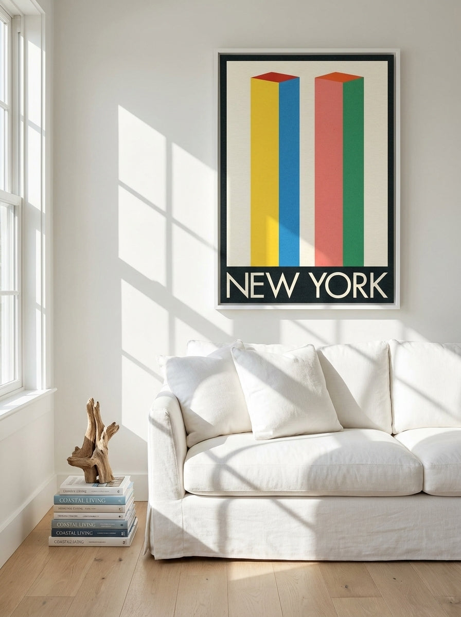 Canvas wall art with a white surround styled on the wall in a coastal living room