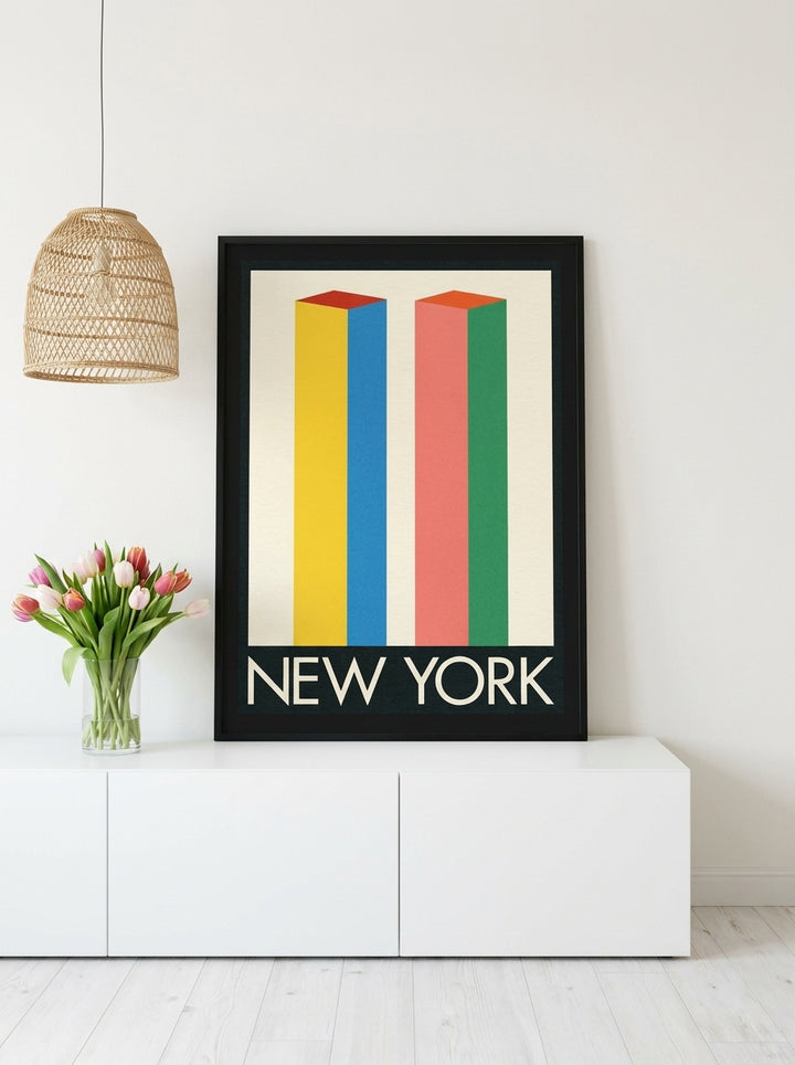 Modern wall art print standing on a sideboard in a bright Scandinavian home office