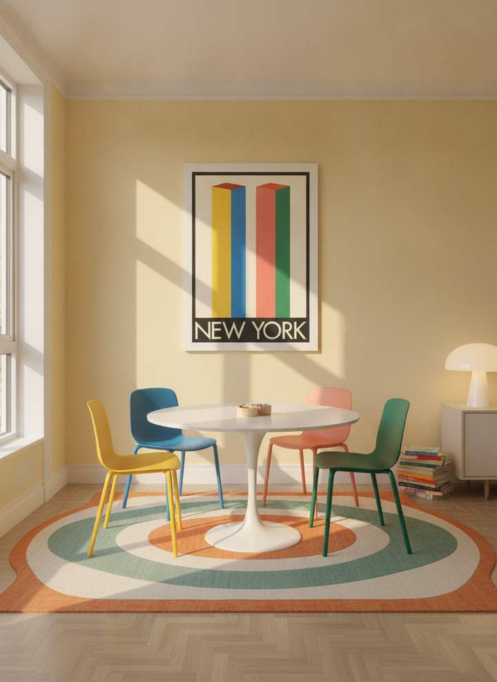 Oversized statement modern wall art print styled on the wall in a colourful eclectic dining room