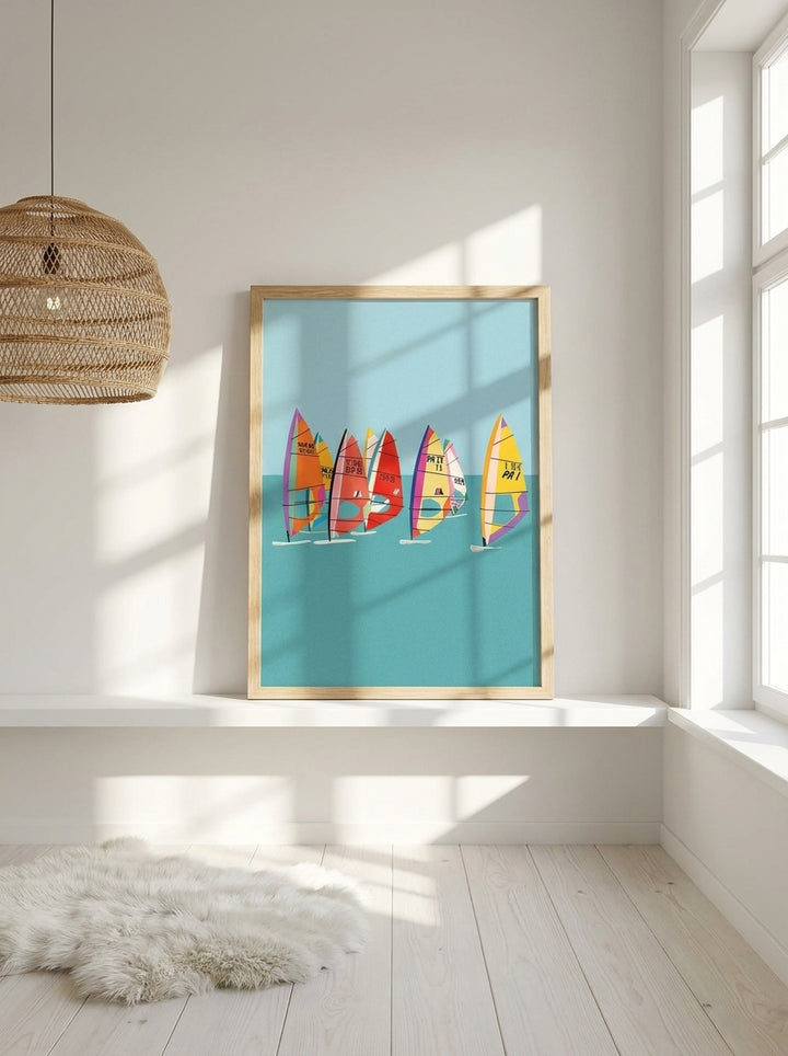 Modern wall art print standing on a shelf in a bright Scandinavian home office