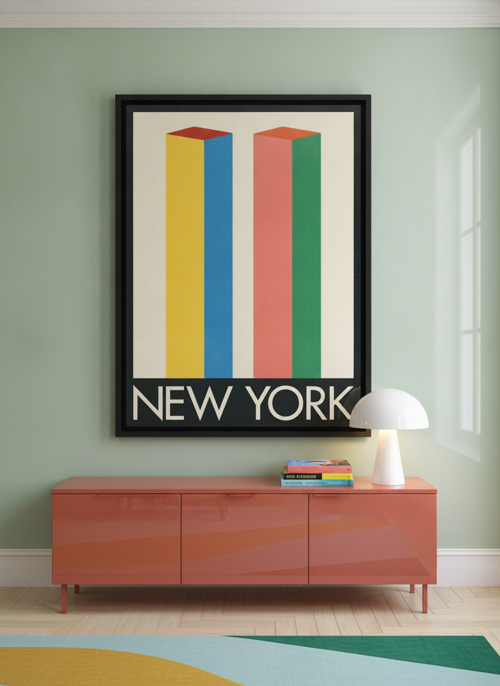 Oversized statement canvas wall art with a black surround styled on the wall in a colourful eclectic living room
