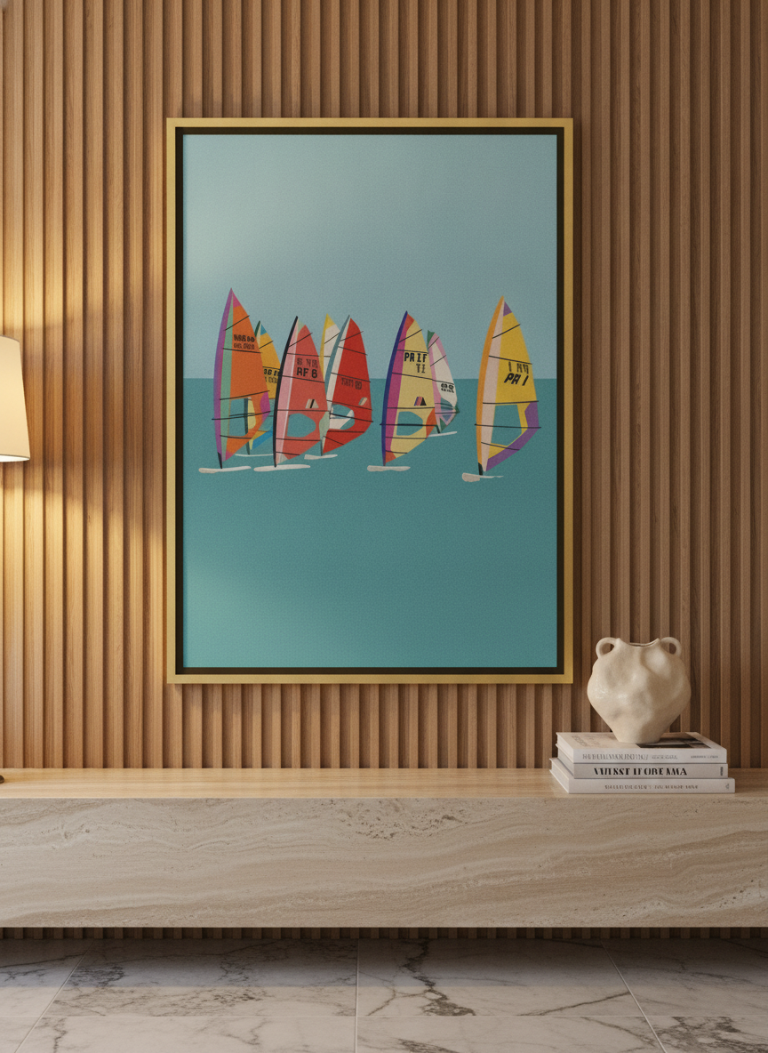 Canvas wall art with a gold leaf surround styled on the wall in a luxe living room