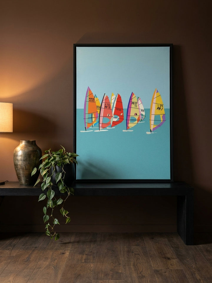 Canvas wall art with a black surround standing on a console in a moody home office