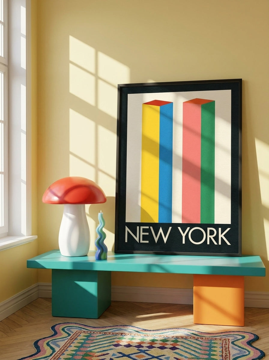 Modern wall art print standing on a side table in a colourful eclectic home office