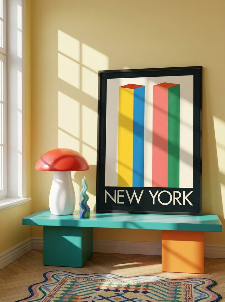 Modern wall art print standing on a side table in a colourful eclectic home office
