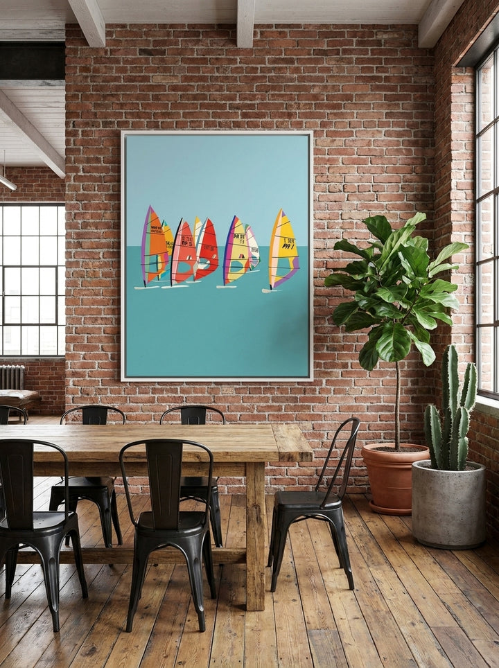 Oversized statement canvas wall art with a white surround styled on the wall in an industrial loft dining room