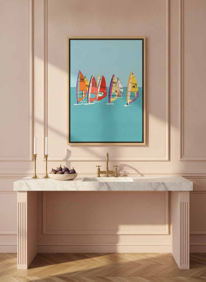 Canvas wall art with a natural timber surround styled on the wall in a Parisian kitchen