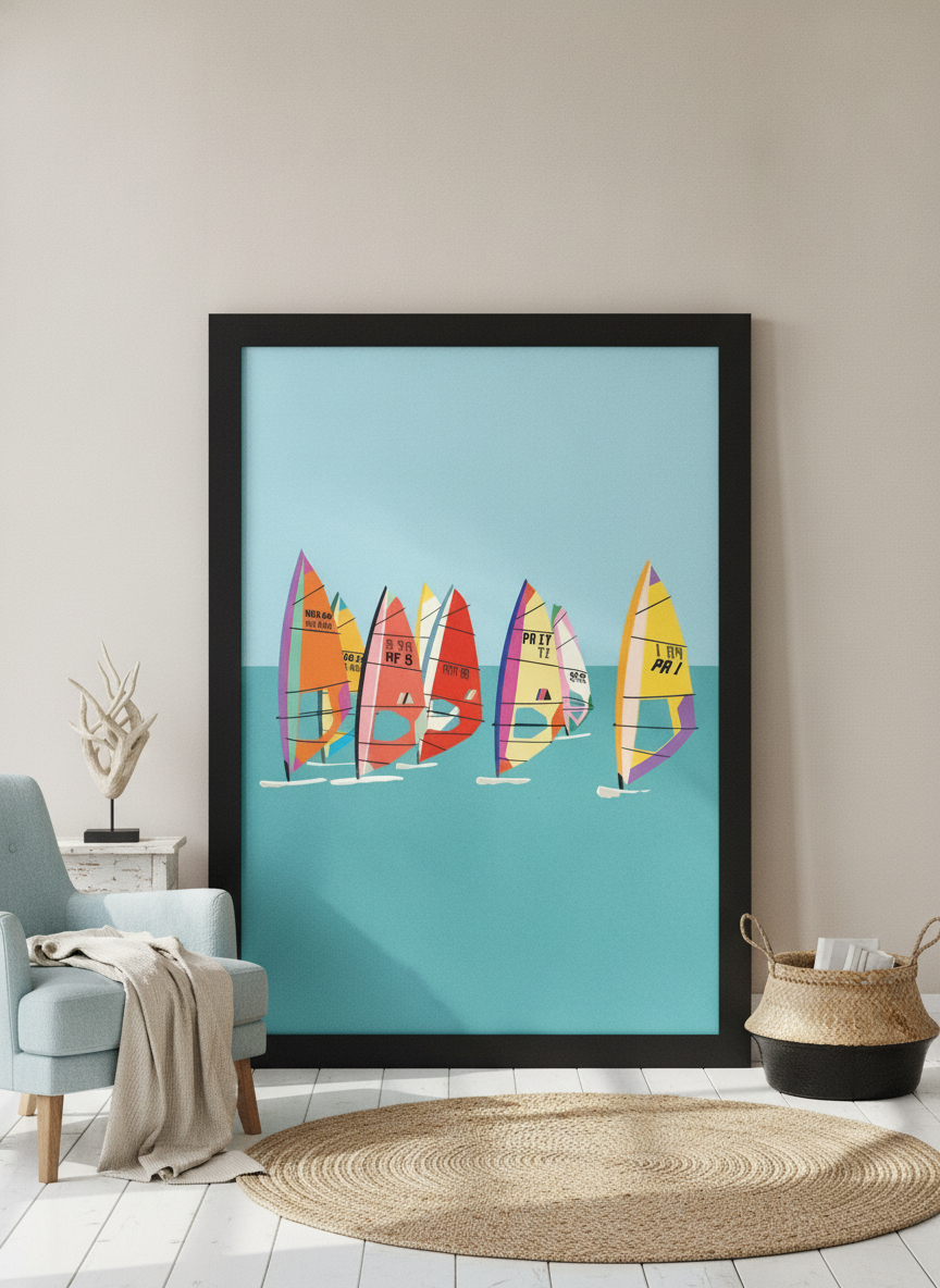 Oversized statement modern wall art print leaning against the wall in a coastal living room