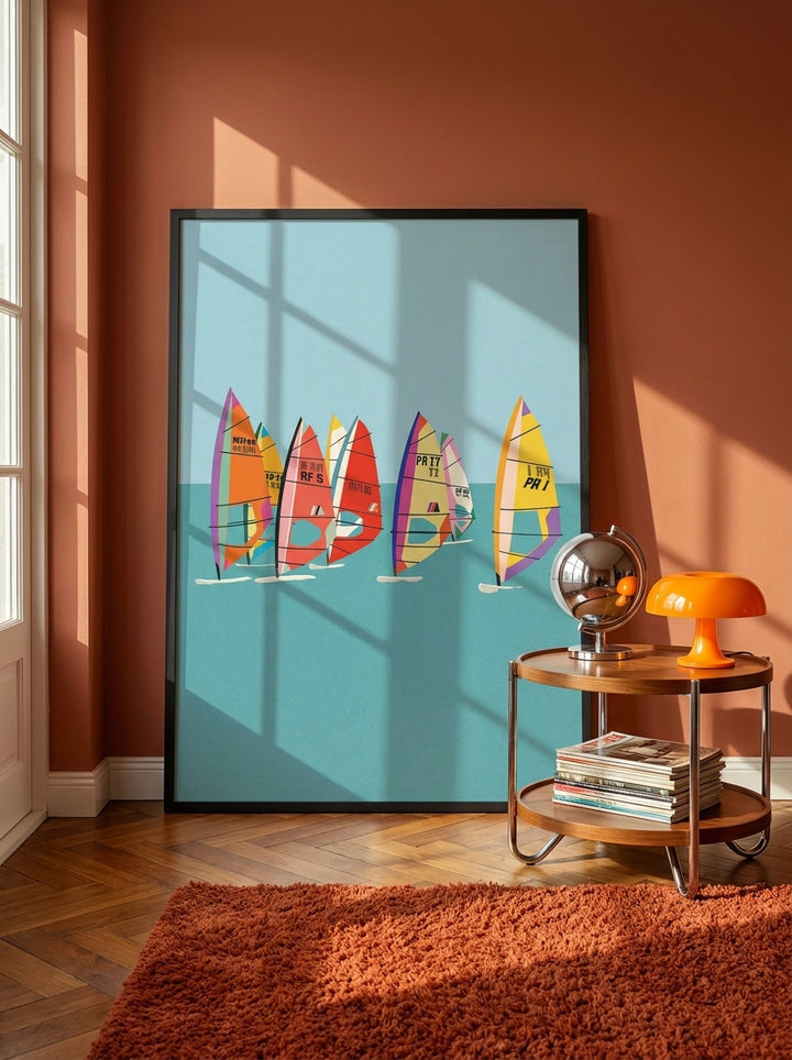 Oversized statement modern wall art print leaning against the wall in a retro 70s dining room