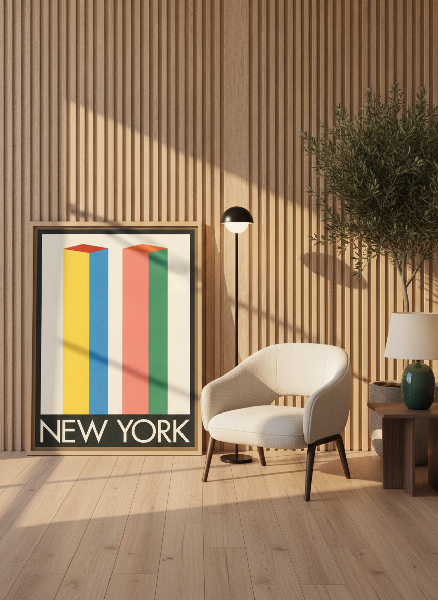 Canvas wall art with a natural timber surround leaning against the wall in a luxe home office