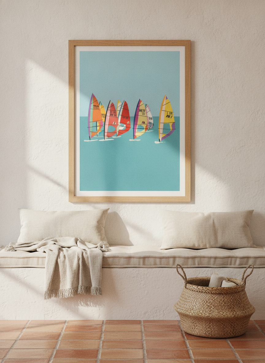 Modern wall art print styled on the wall in a Mediterranean living room