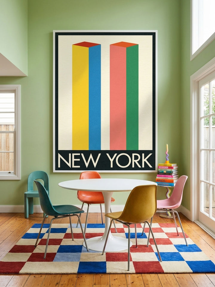 Oversized statement modern wall art print styled on the wall in a colourful eclectic dining room
