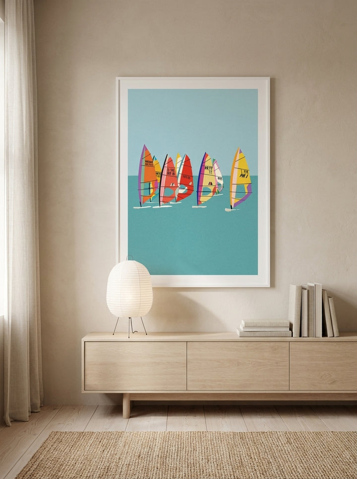Modern wall art print styled on the wall in a warm Japandi living room