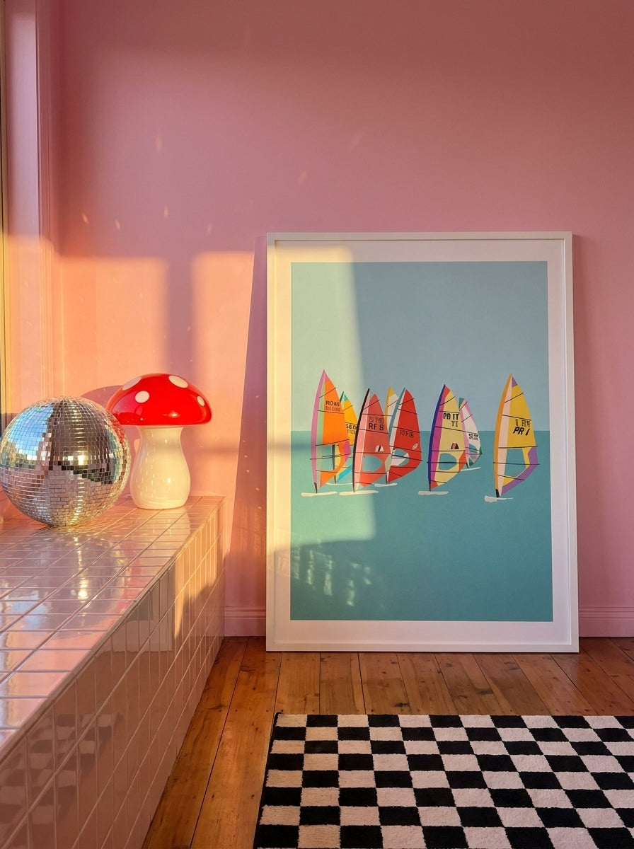 Modern wall art print standing on a kitchen bench in a colourful eclectic kitchen