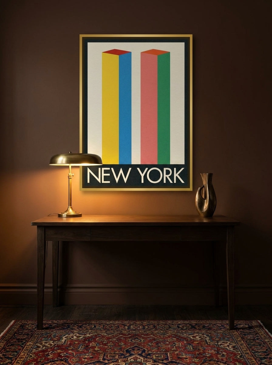 Canvas wall art with a gold leaf surround styled on the wall in a moody home office