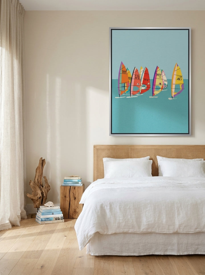 Oversized statement canvas wall art with a silver leaf surround styled on the wall in a coastal bedroom
