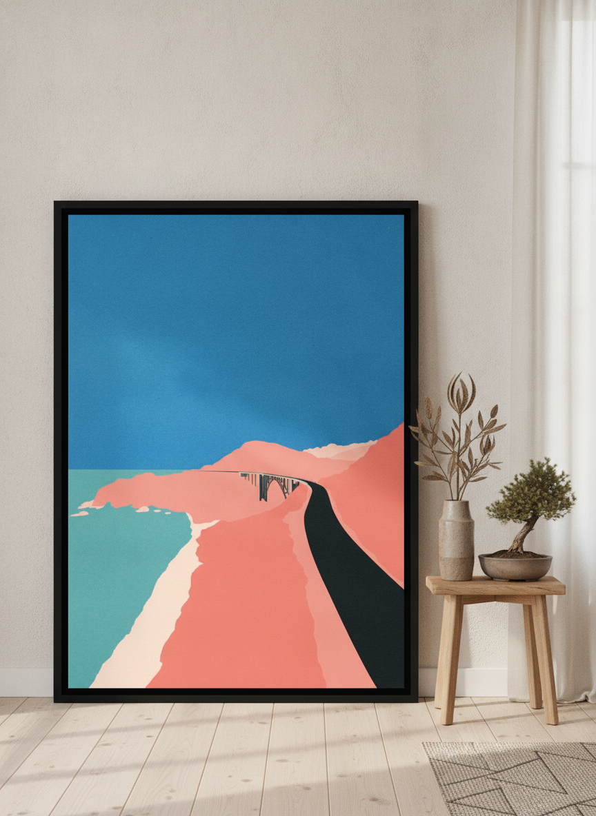 Oversized statement canvas wall art with a black surround leaning against the wall in a warm Japandi dining room