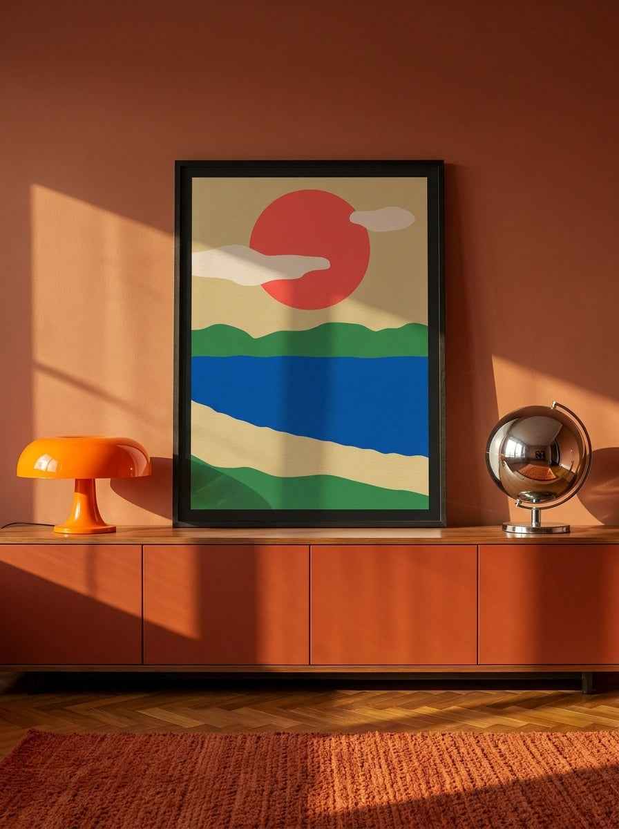 Modern wall art print standing on a sideboard in a retro 70s home office