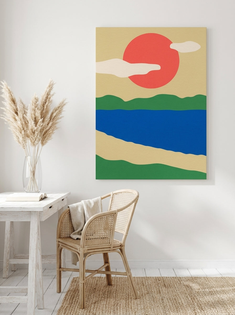 Stretched canvas wall art styled on the wall in a coastal home office