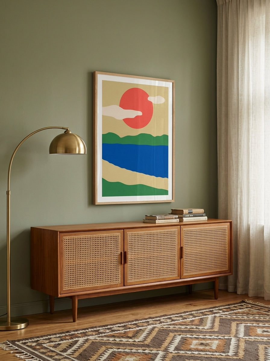 Modern wall art print styled on the wall in a mid-century living room