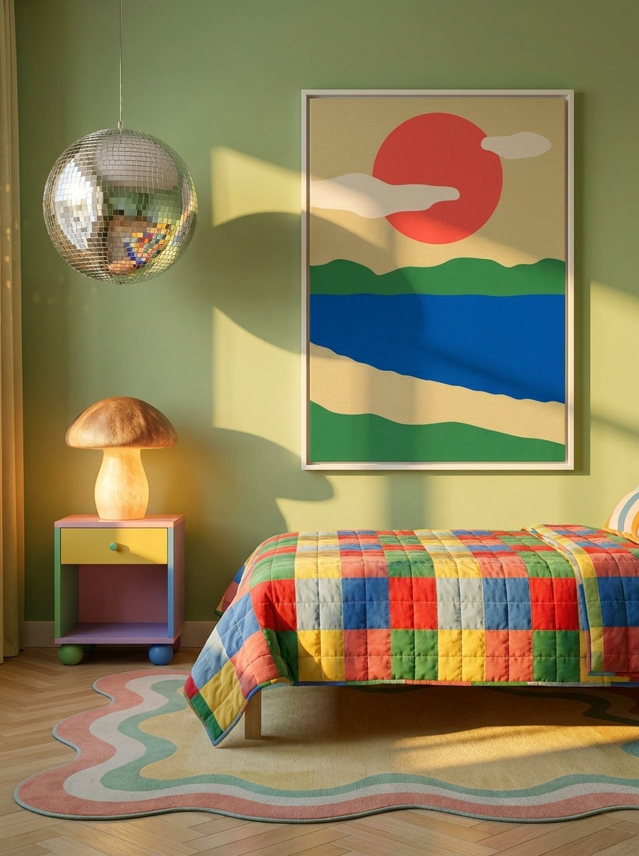 Canvas wall art with a white surround styled on the wall in a colourful eclectic bedroom