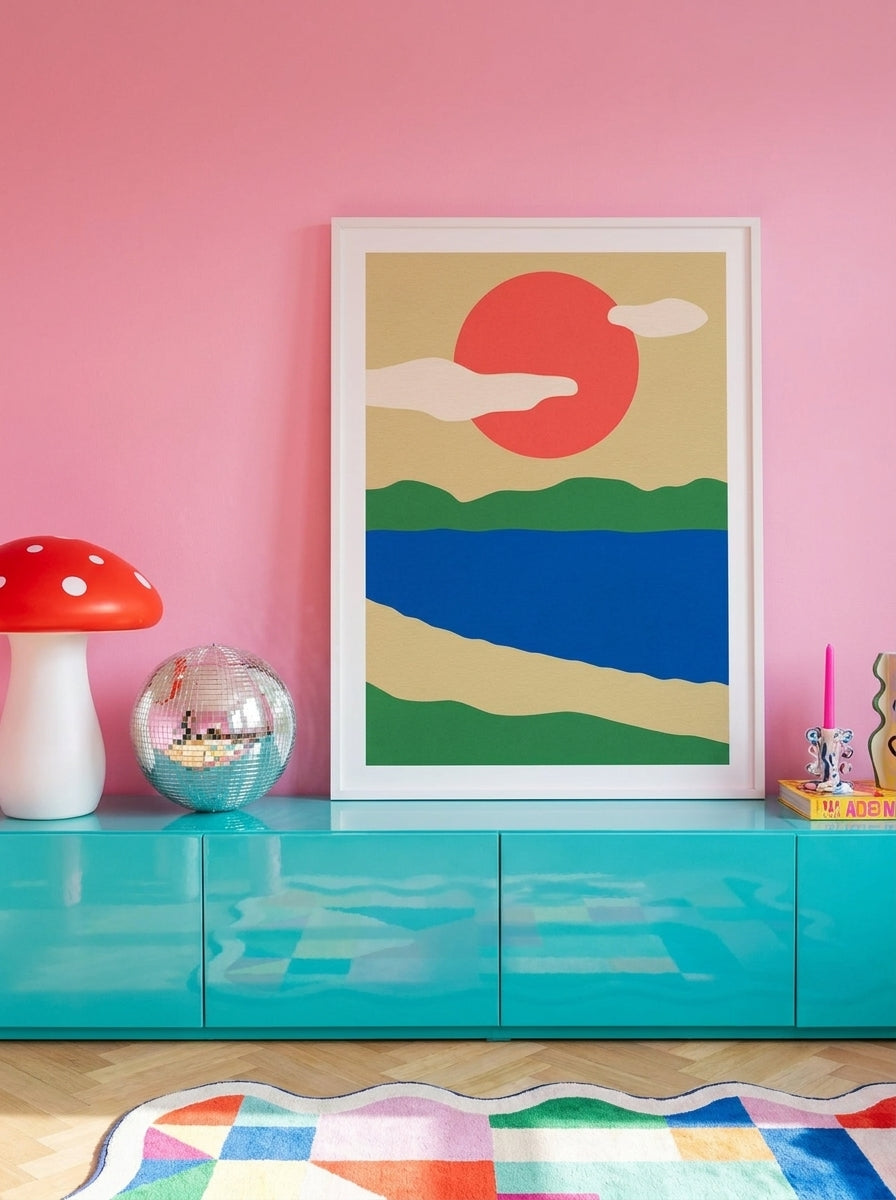 Modern wall art print standing on a sideboard in a colourful eclectic bedroom
