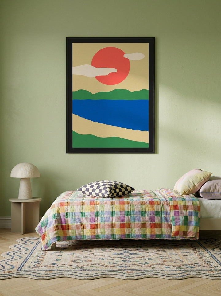 Modern wall art print styled on the wall in a colourful eclectic bedroom