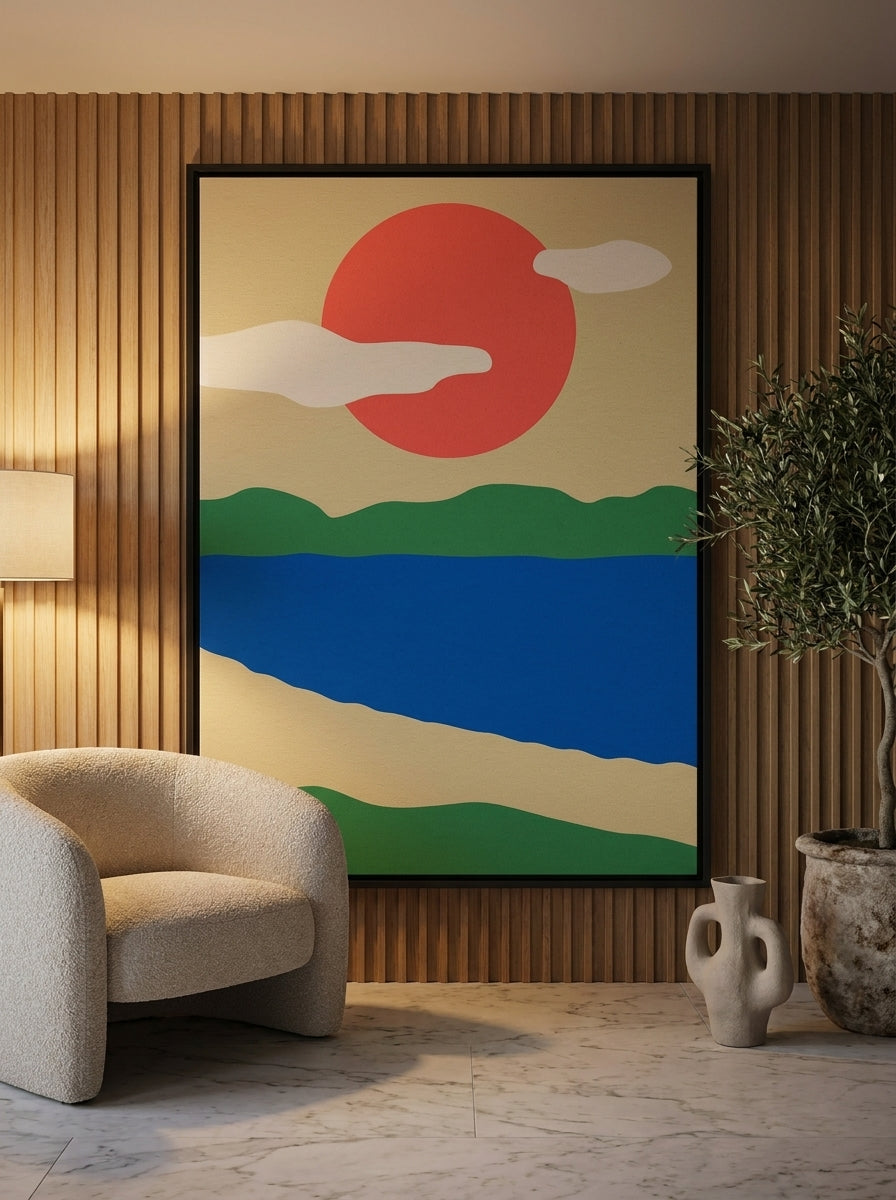 Oversized statement canvas wall art with a black surround leaning against the wall in a luxe dining room