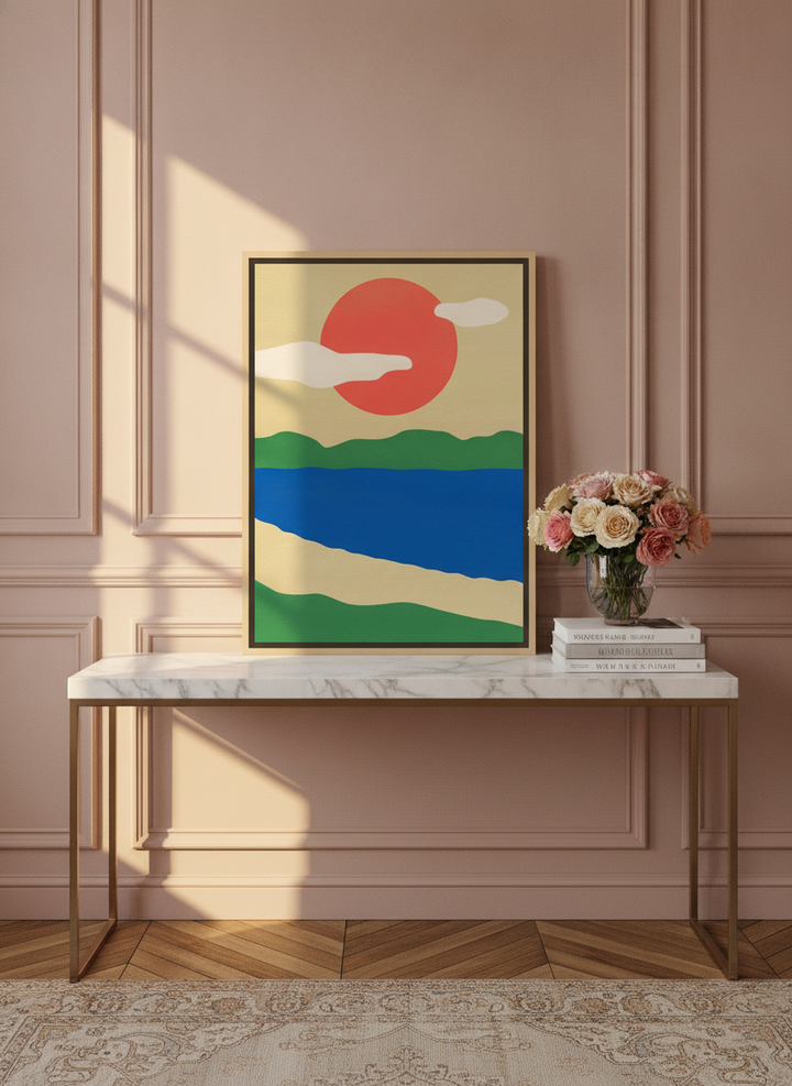 Canvas wall art with a natural timber surround standing on a console in a Parisian bedroom