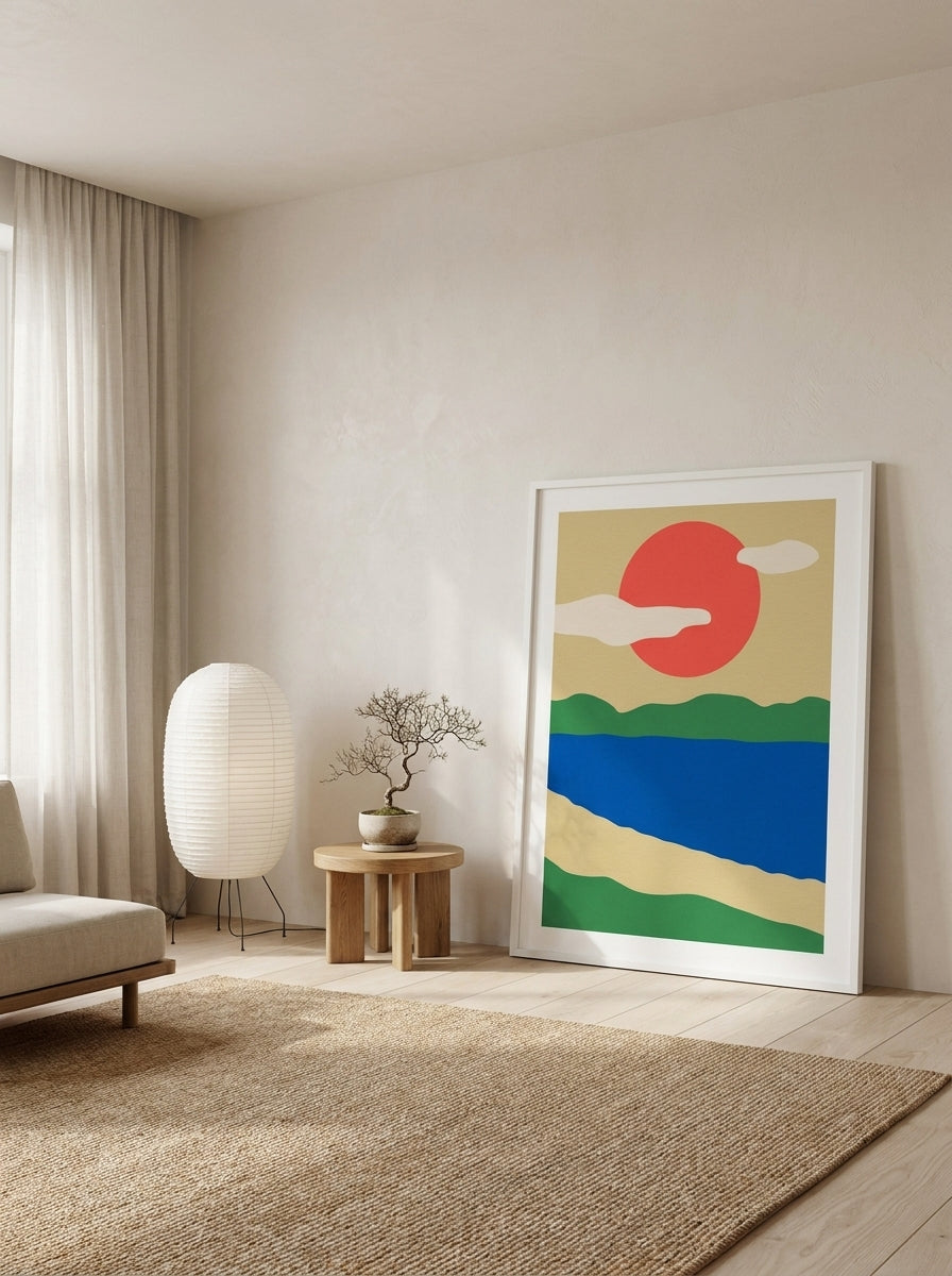 Oversized statement modern wall art print leaning against the wall in a warm Japandi living room