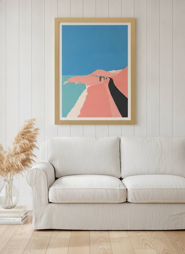 Modern wall art print styled on the wall in a coastal living room