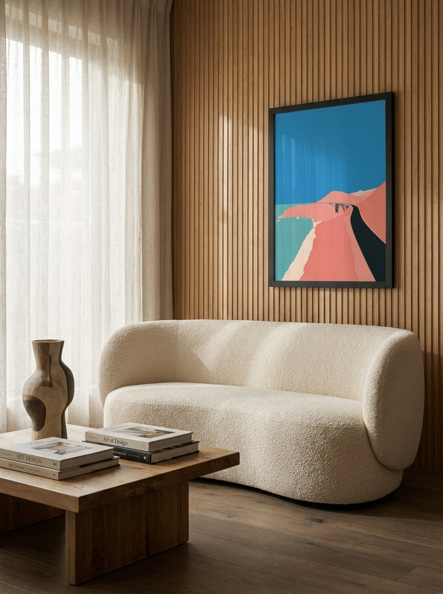 Modern wall art print styled on the wall in a luxe living room