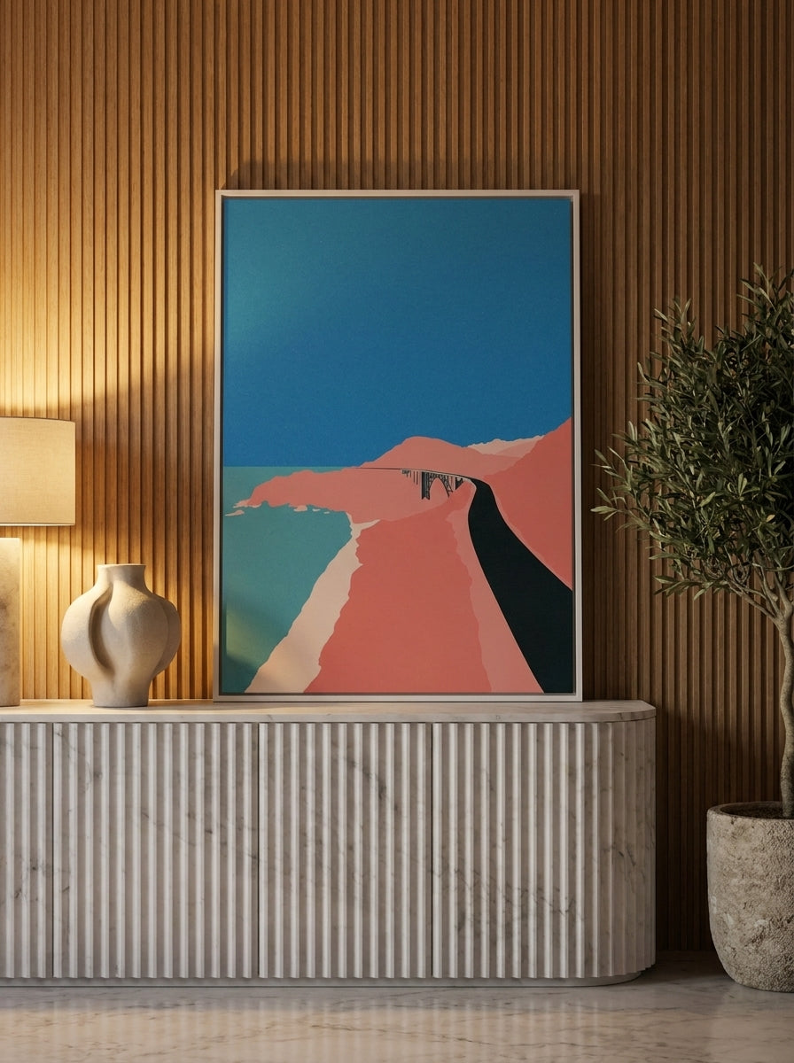 Canvas wall art with a white surround standing on a sideboard in a luxe dining room