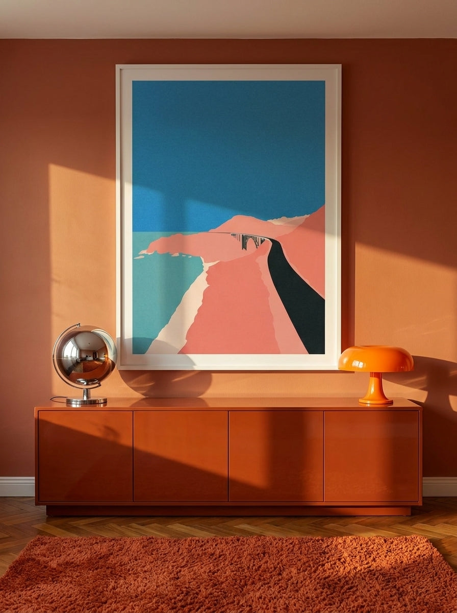 Oversized statement modern wall art print styled on the wall in a retro 70s living room