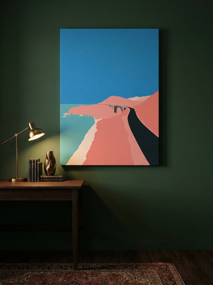 Stretched canvas wall art styled on the wall in a moody home office