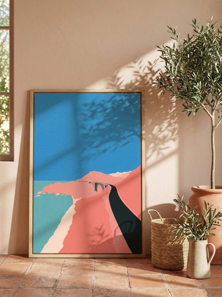 Canvas wall art with a natural timber surround leaning against the wall in a Mediterranean bedroom