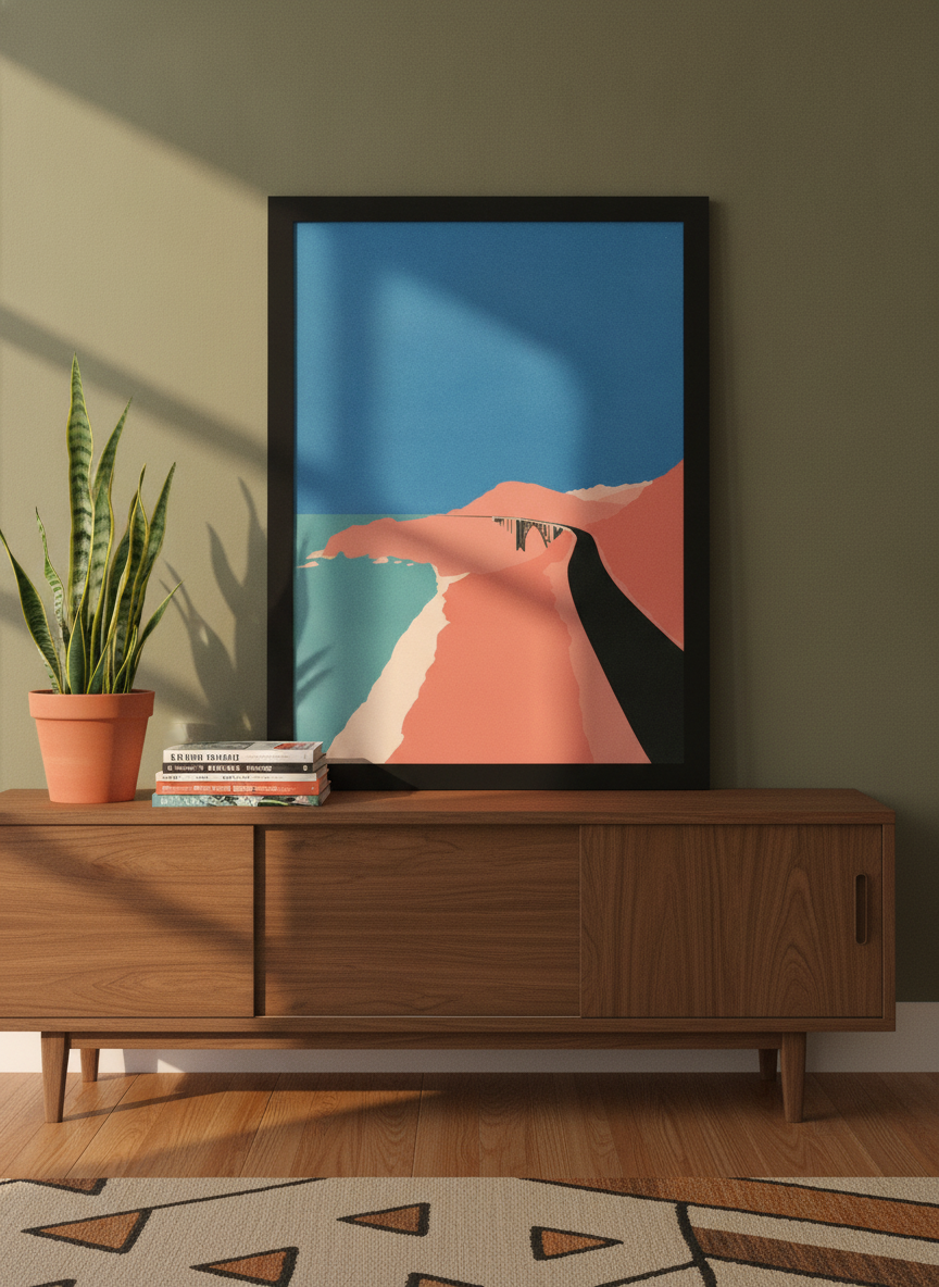 Modern wall art print standing on a sideboard in a mid-century home office
