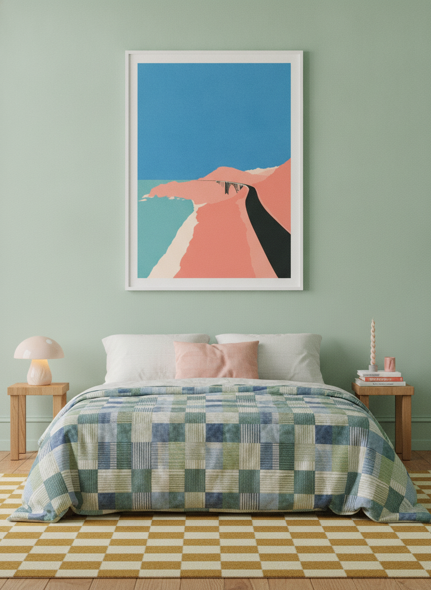 Modern wall art print styled on the wall in a colourful eclectic bedroom