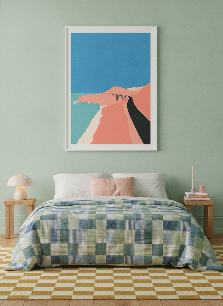 Modern wall art print styled on the wall in a colourful eclectic bedroom