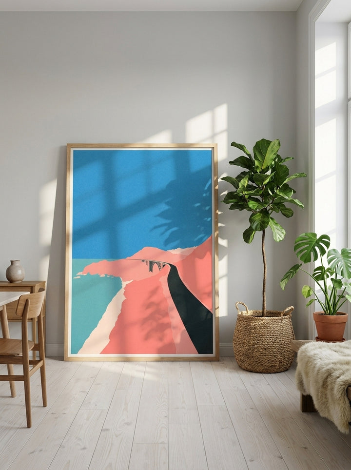 Oversized statement modern wall art print leaning against the wall in a bright Scandinavian dining room
