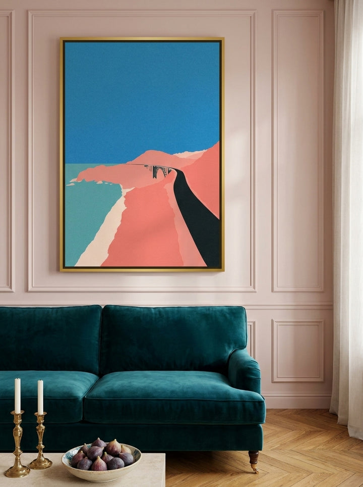 Oversized statement canvas wall art with a gold leaf surround styled on the wall in a Parisian living room