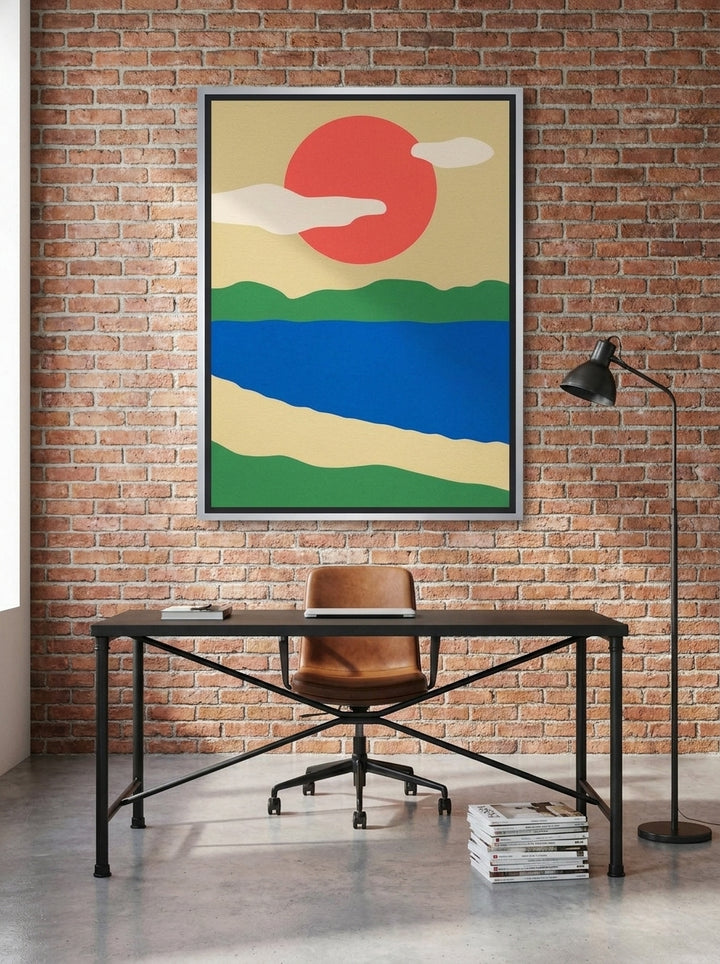 Canvas wall art with a silver leaf surround styled on the wall in an industrial loft home office